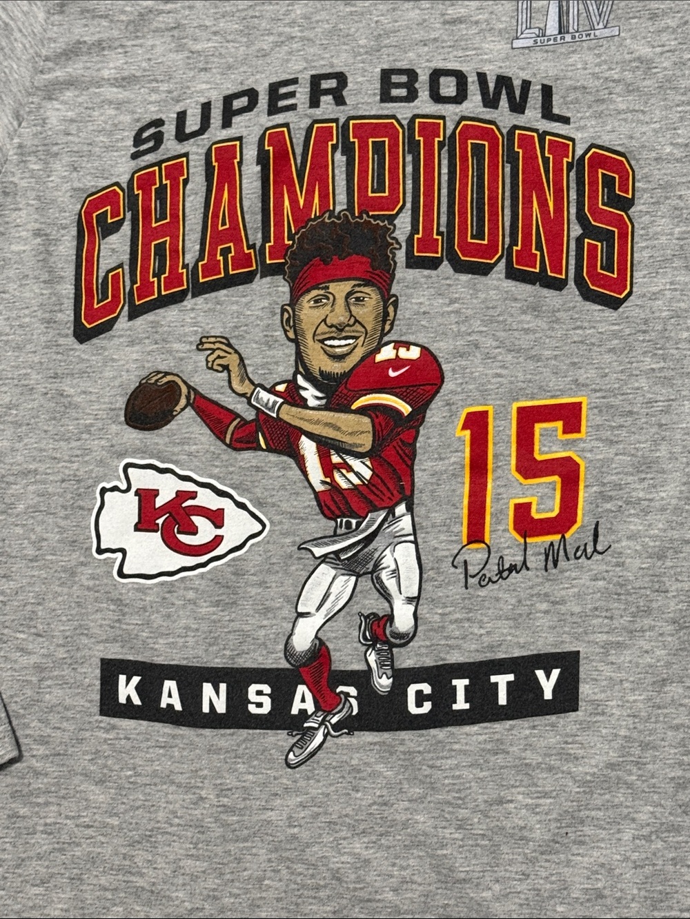 Kansas City Chiefs Super Bowl Champions Patrick Mahomes #15 Gray Tee